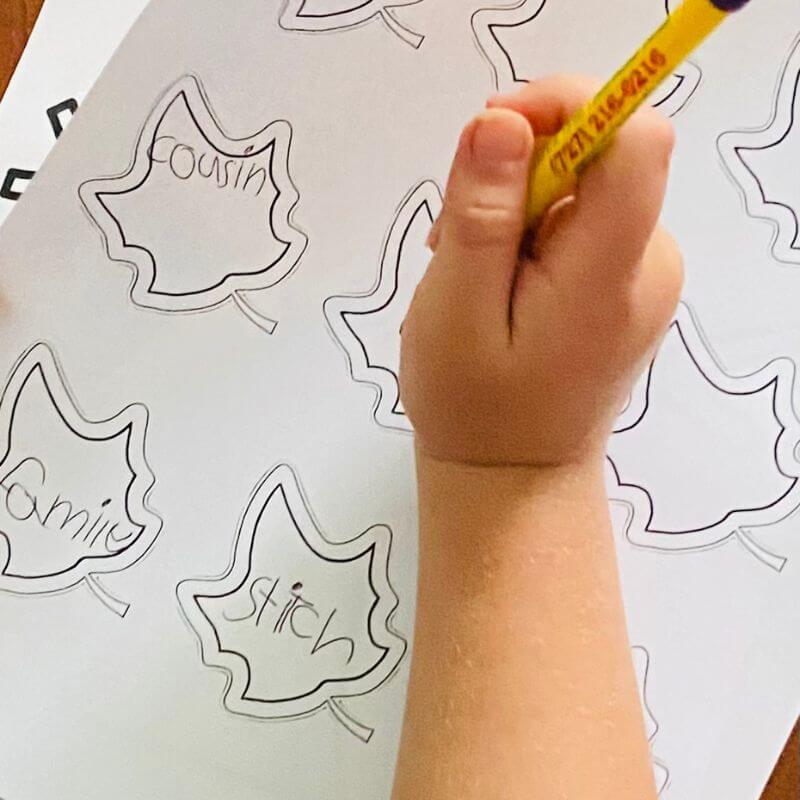 child writing on leaves